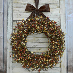 Brown, Cream, & Green Berry Wreath with Bow