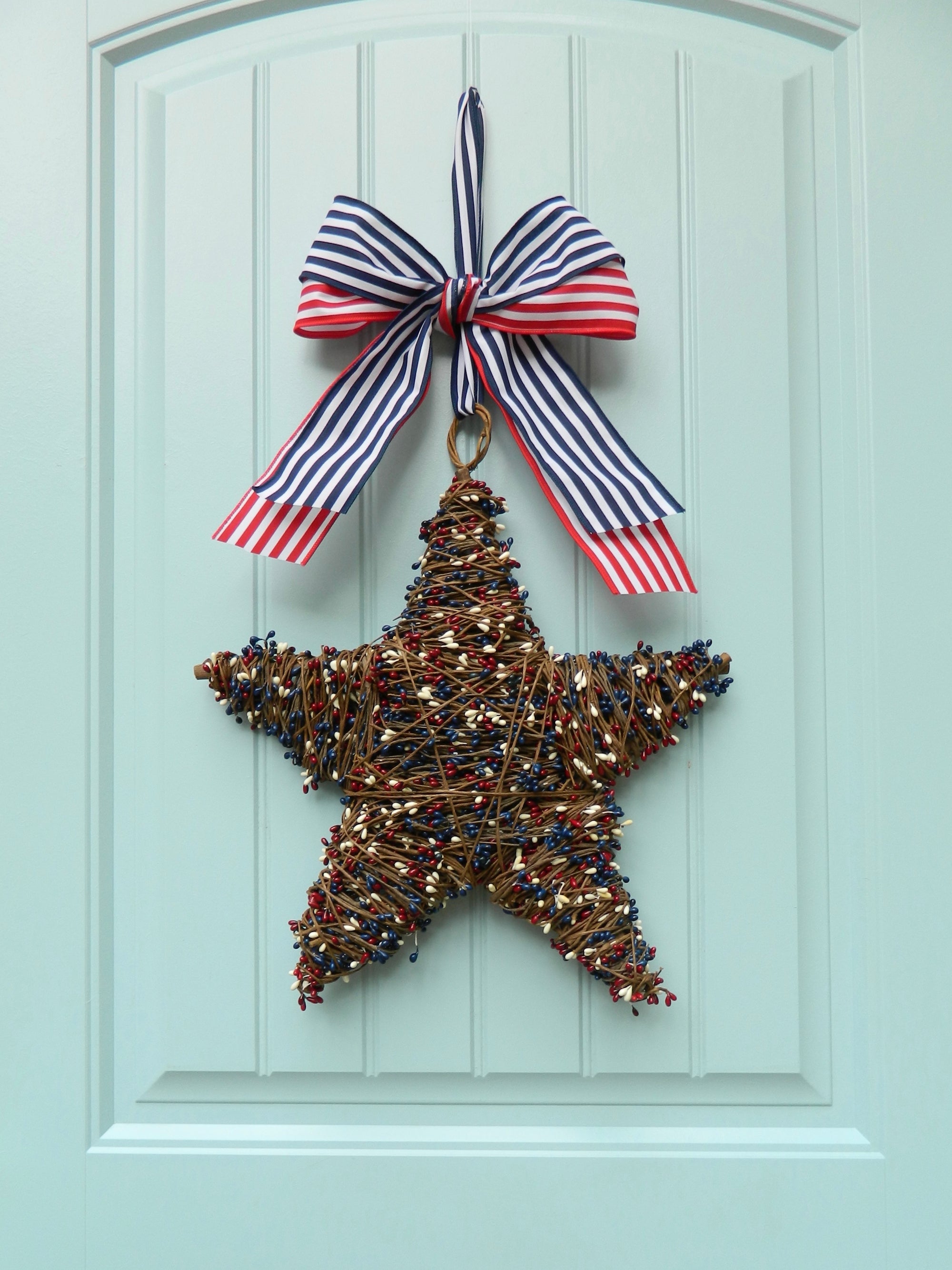 Red White and Blue Patriotic Star Wreath with Bow