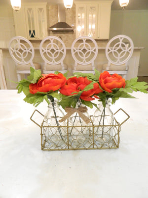 Red Ranunculus Vases with Chicken Wire Basket