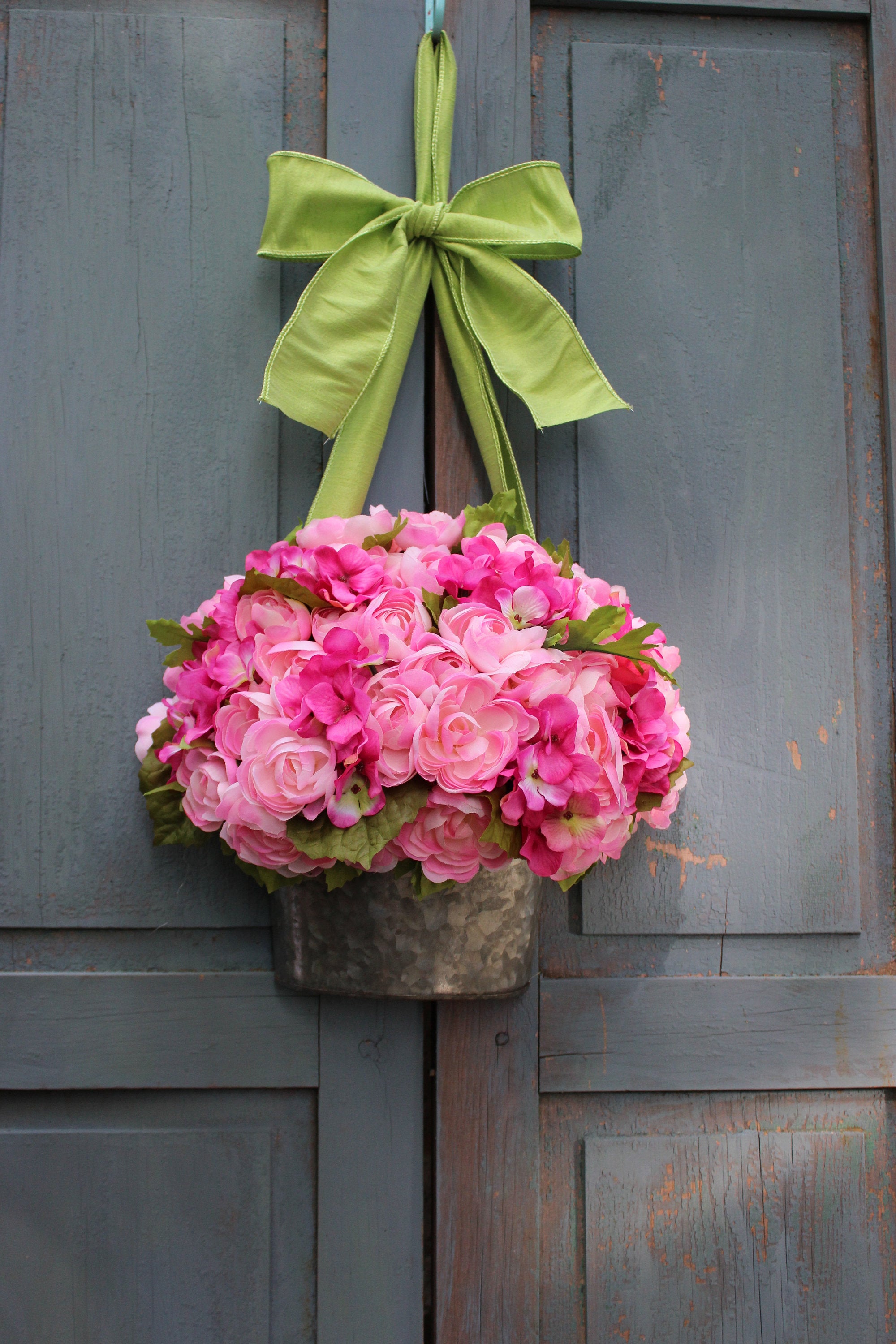 Pink Flower Pail Door Hanger