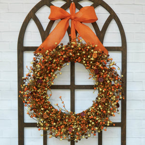 Orange Burgundy and Brown Wreath with Buttons with Bow