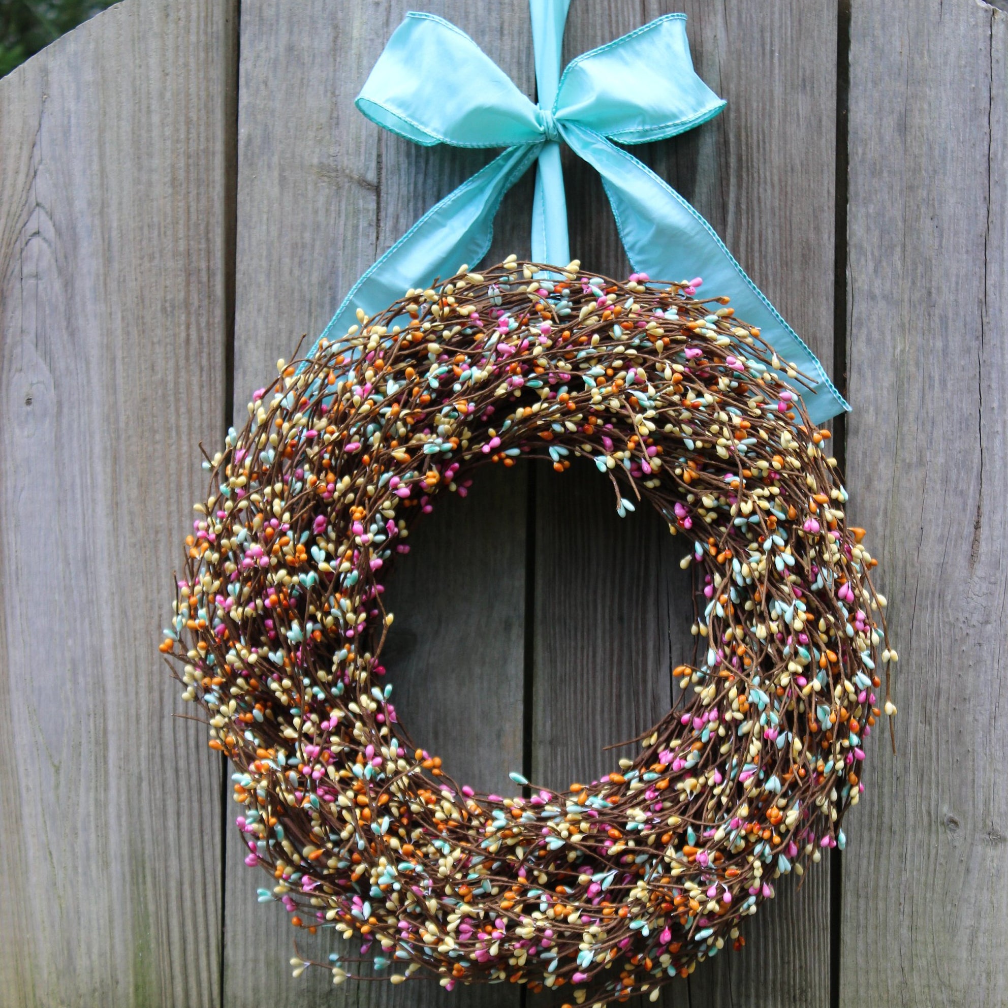 Pink, Light Teal, & Yellow Pip Berry Wreath with Bow