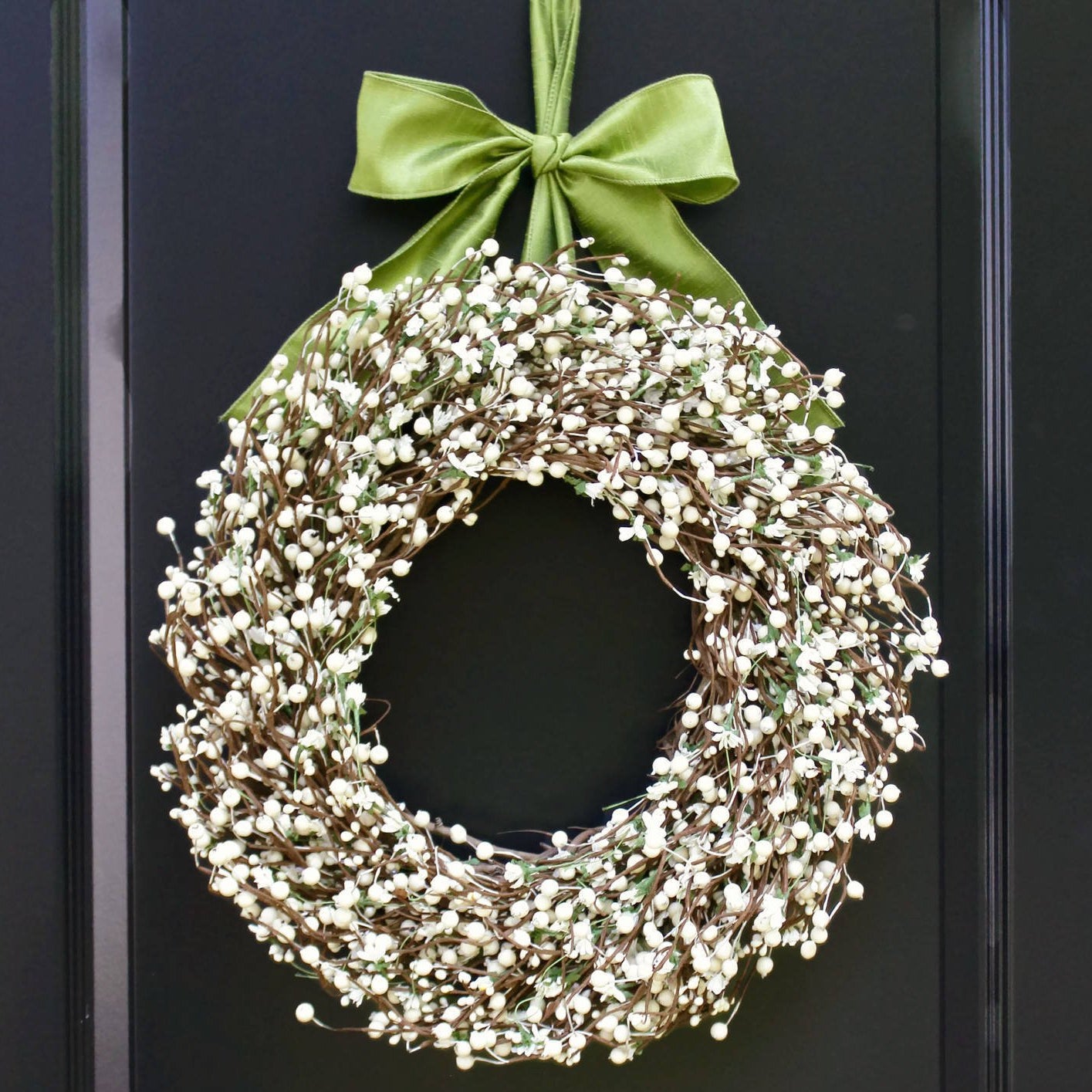 Cream Berry Wreath with Green Leaves and White Flowers with Bow