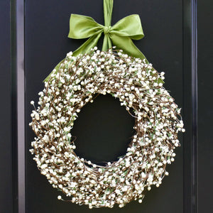 Cream Berry Wreath with Green Leaves and White Flowers with Bow