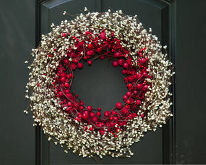 Christmas Wreath - Red Cream Wreath - Holiday Berry Wreath - Winter Door Decor