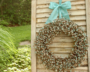 Teal and Cream Pip Berry Wreath with Bow