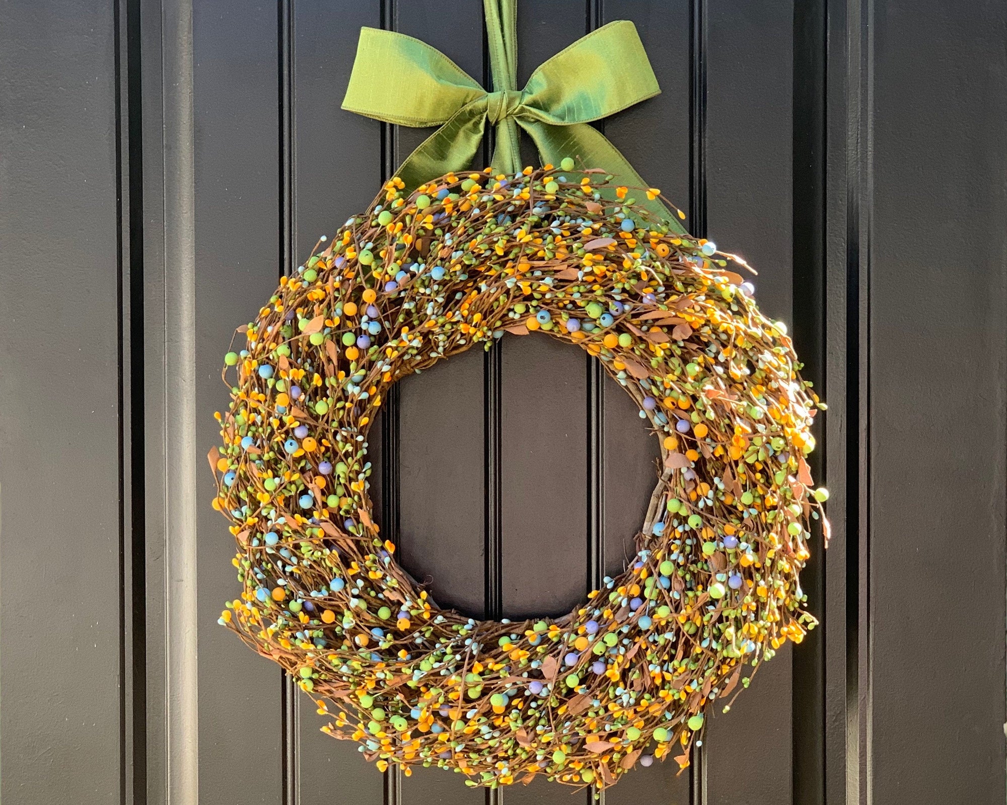 Green Yellow & Light Blue Berry Wreath with Leaves with Bow