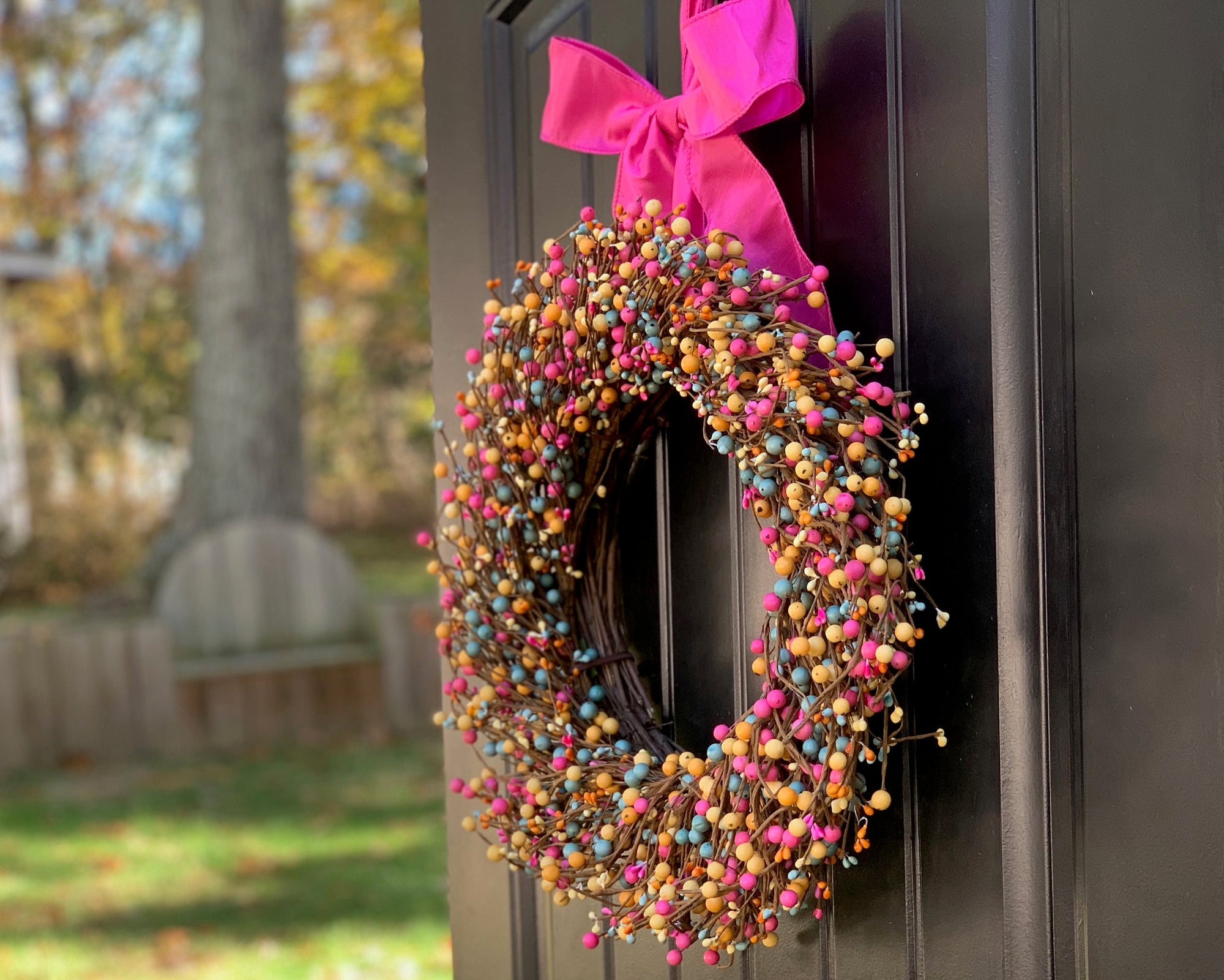 Pink Teal & Yellow Pip Berry Wreath with Bow