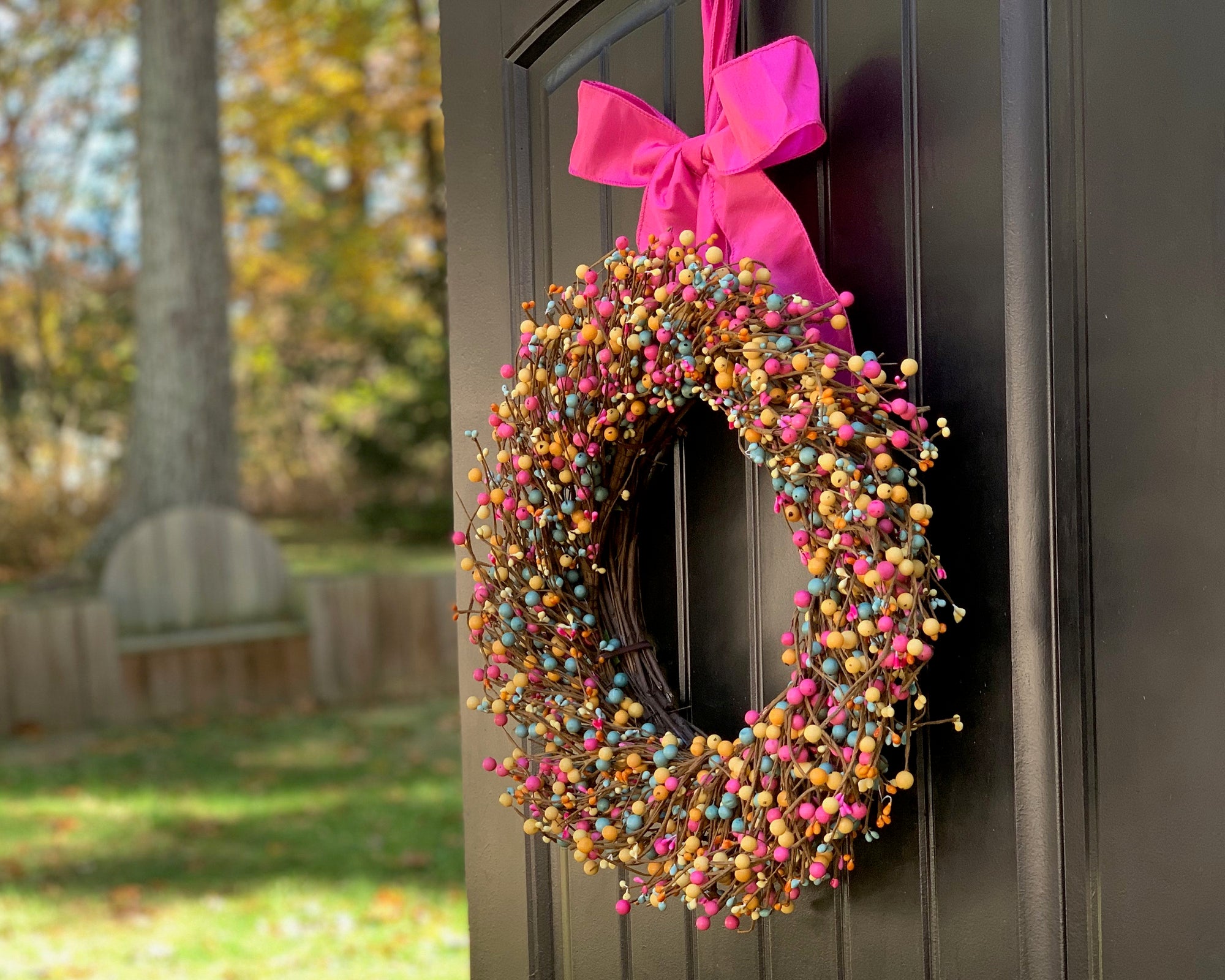 Pink Teal & Yellow Pip Berry Wreath with Bow