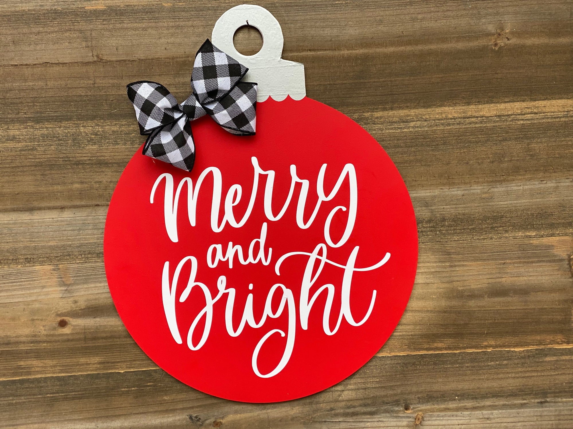 Holiday decor, gift for her, Christmas ornament door hanger, merry and bright holiday wreath, red wood round door hanger