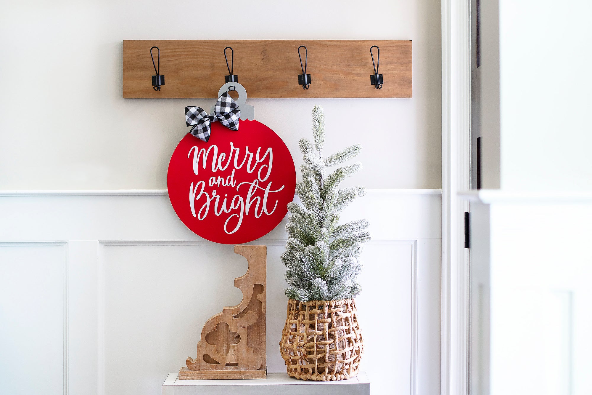 Holiday decor, gift for her, Christmas ornament door hanger, merry and bright holiday wreath, red wood round door hanger