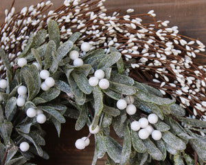 Holiday wreath, holiday decor, Christmas wreath, sparkling mistletoe greenery wreath, cream berry wreath