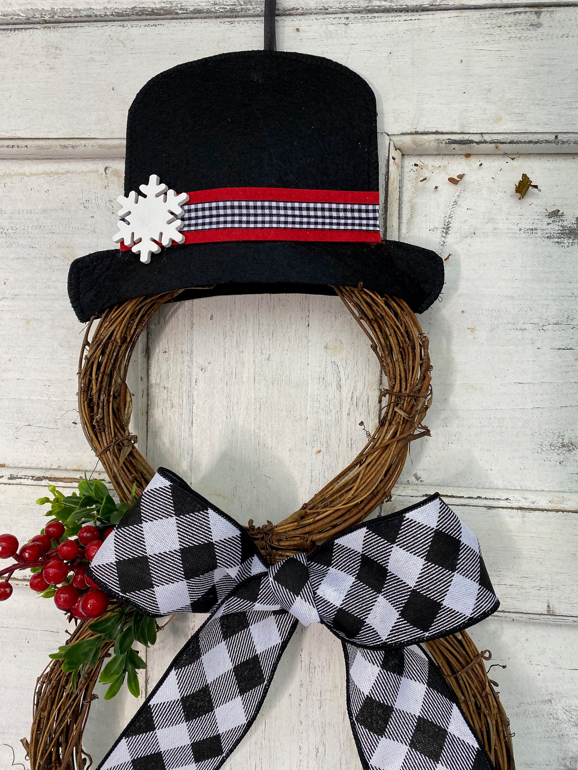 Snowman Wreath - Grapevine Snowman - Farmhouse Buffalo Check Wreath - Christmas Snowman Wreath