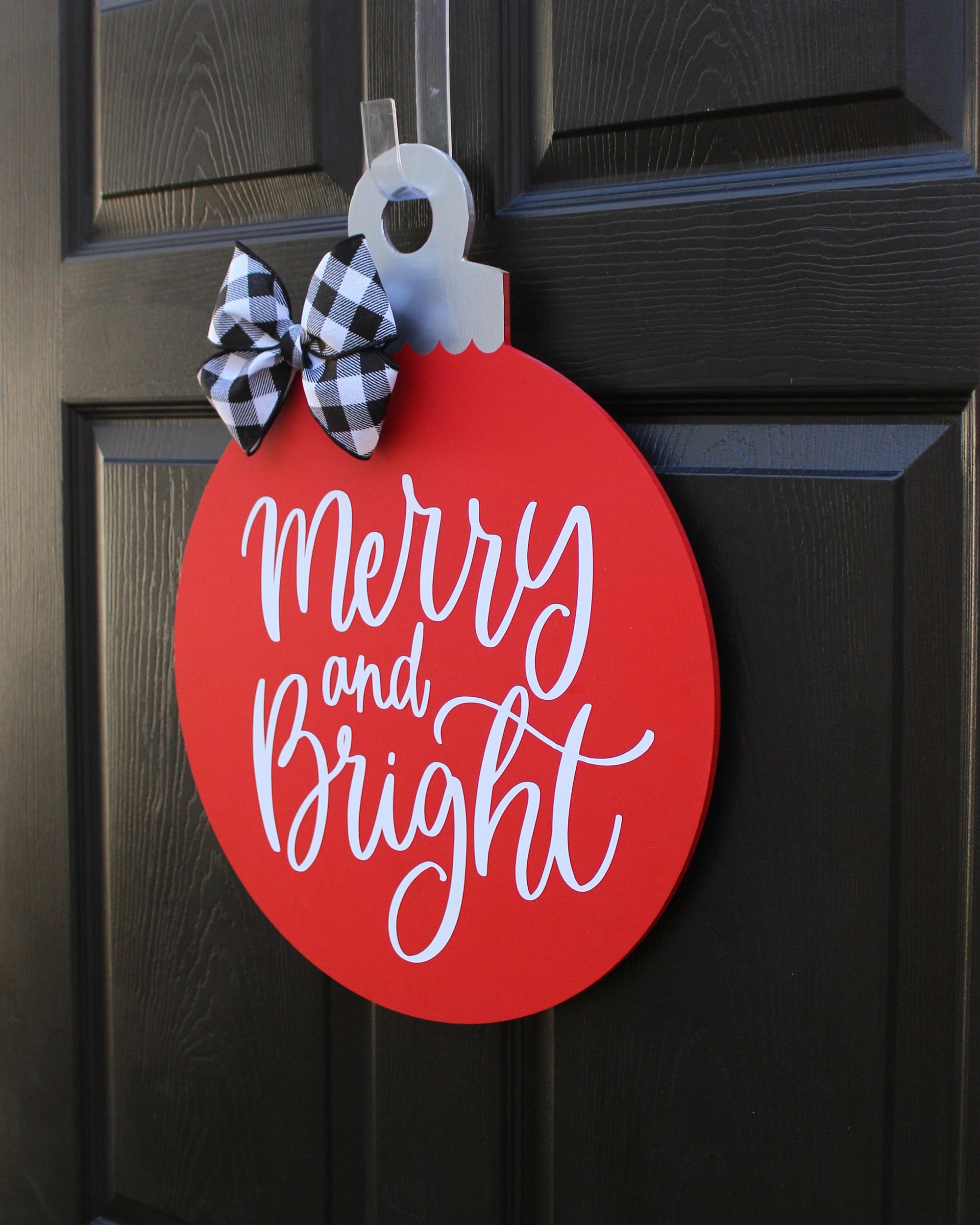 Holiday decor, gift for her, Christmas ornament door hanger, merry and bright holiday wreath, red wood round door hanger