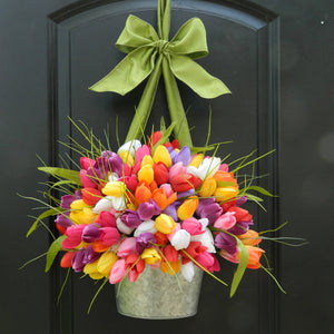 Bright Spring Tulip Pail Door Hanger with Bow