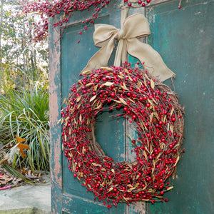 Red Berry Wreath with Leaves with Bow