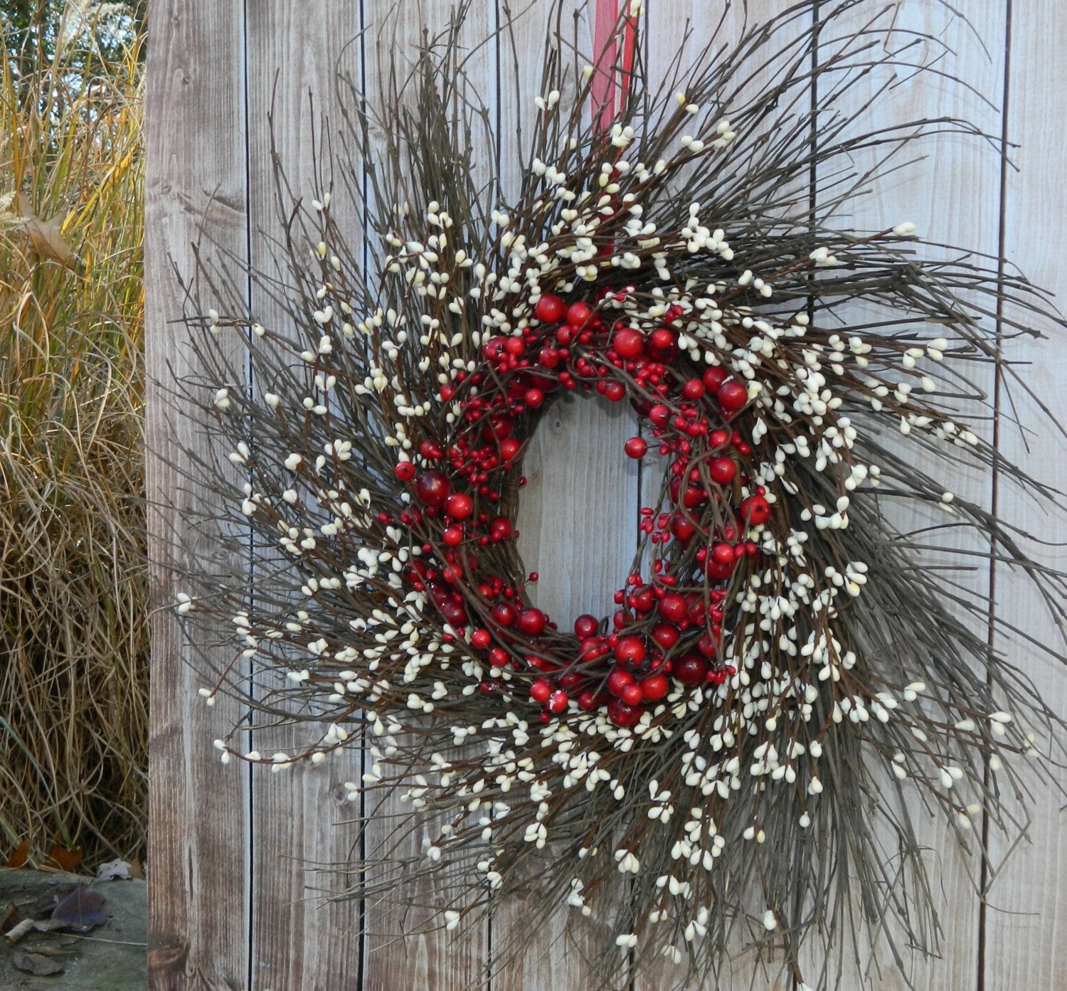 Primitive Red and Cream Berry Wreath