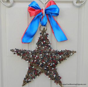 Red White and Blue Patriotic Star Wreath with Bow