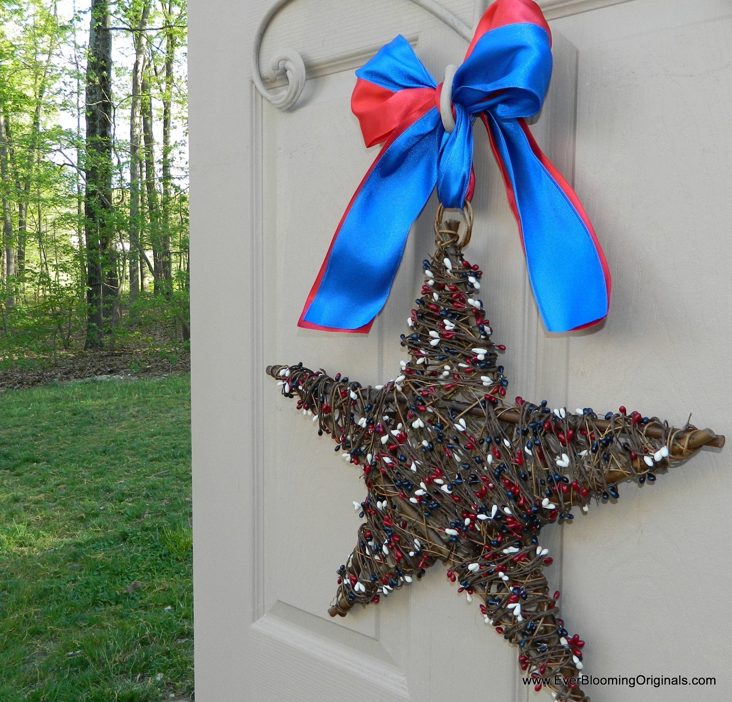 Red White and Blue Patriotic Star Wreath with Bow