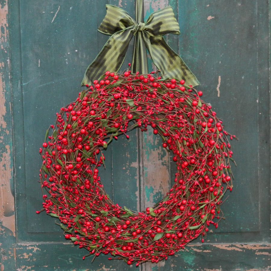 Bright Red Berry Wreath with Green Leaves with Bow