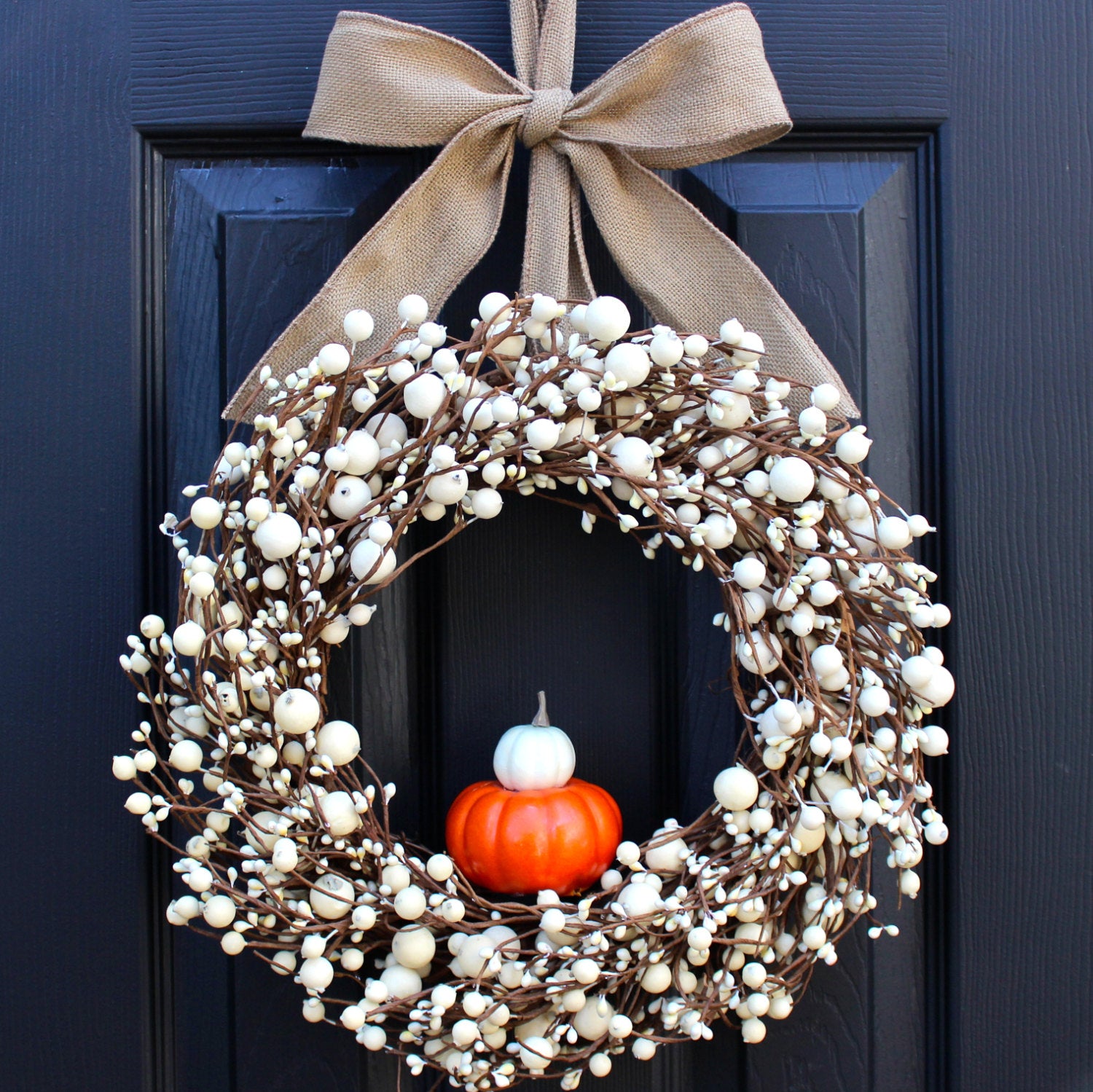 Cream Combo Berry Wreath with Pumpkins with Bow