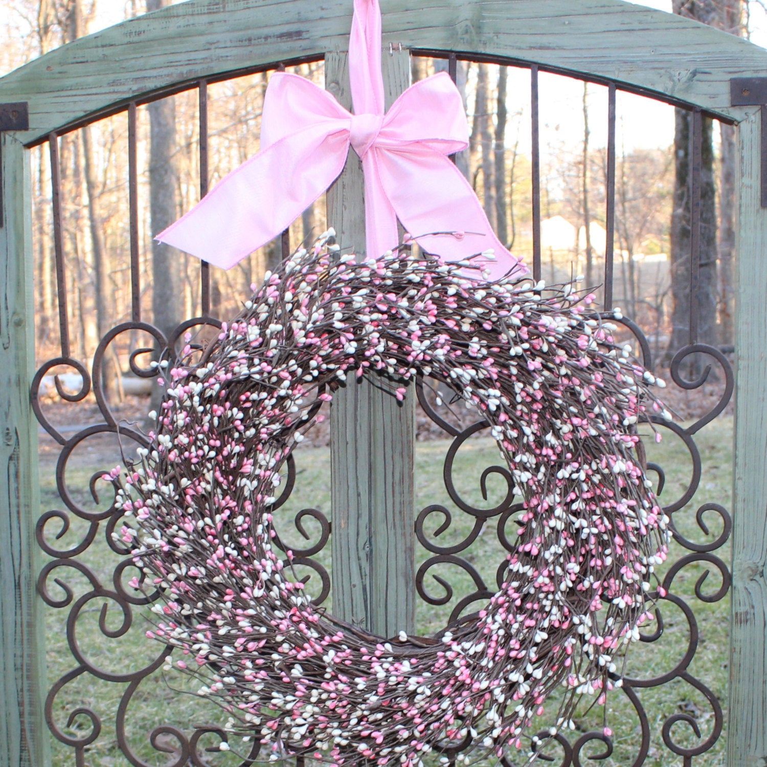Cream & Pink Pip Berry Wreath with Bow