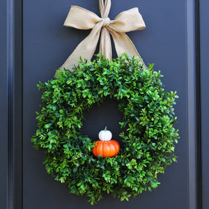 Pumpkin Boxwood Wreath with Bow